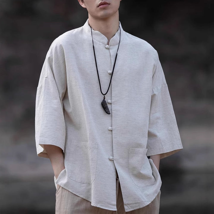 Herren Oversize Hemd im Kimono-Stil aus Leinen-Baumwollmix mit Stehkragen Drune