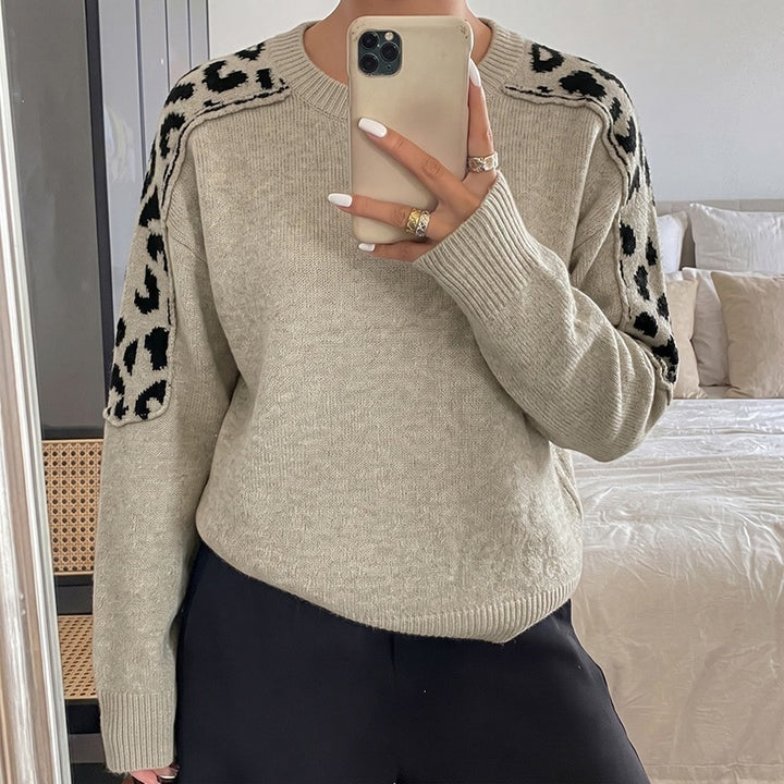 Damen Oversize Strickpullover mit Leo-Jacquard-Schultereinsätzen Drune