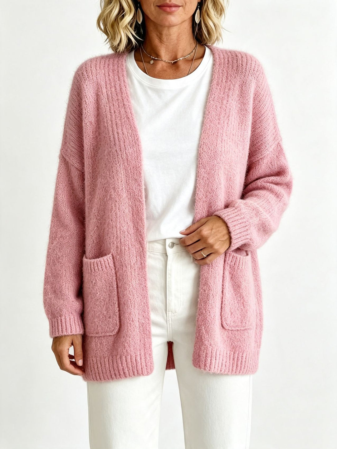 Damen Offener Longcardigan im Mohair-Look mit aufgesetzten Taschen und überschnittener Schulter Drune
