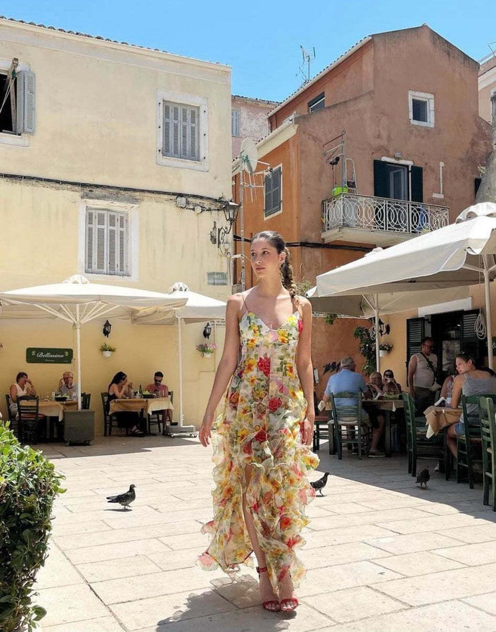 Damen Fließendes Chiffon Maxikleid mit Rüschendetails und floralen Akzenten Drune