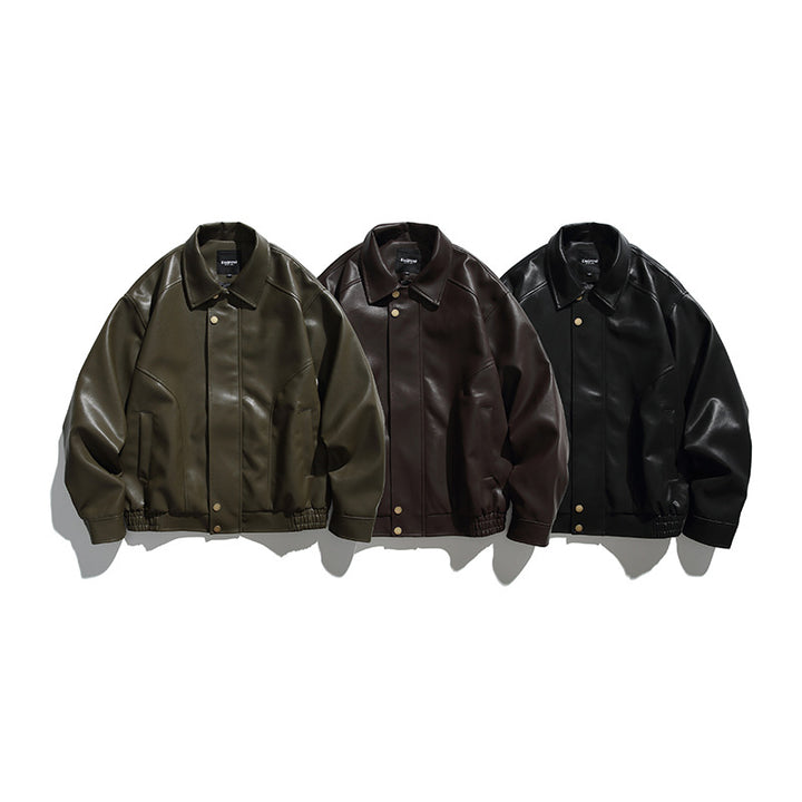 Herren Boxy-Lederimitat-Bomberjacke mit verdeckter Druckknopfleiste, elastischem Saum und aufgesetzten Eingrifftaschen Drune