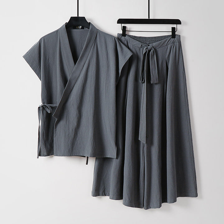 Damen Kimono-Loungewear-Set mit Wickeloberteil und weiter Palazzo-Hose Drune