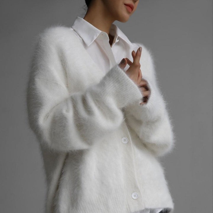 Damen kuschelige Strickjacke mit voluminösen Ärmeln und eleganten Knopfdetails Drune