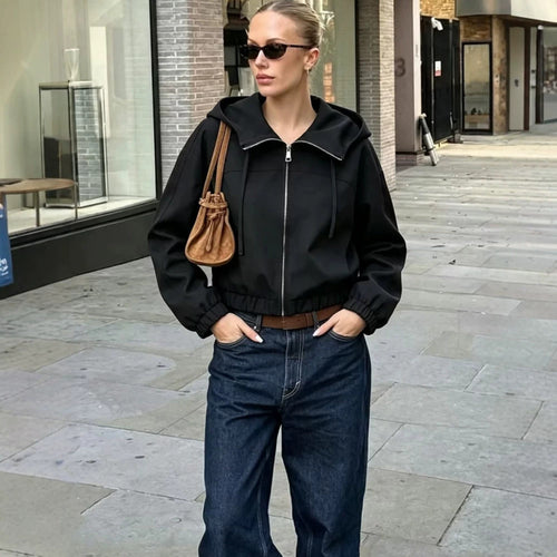 Damen Leichte Kapuzenjacke Cropped mit elastischem Saum Drune