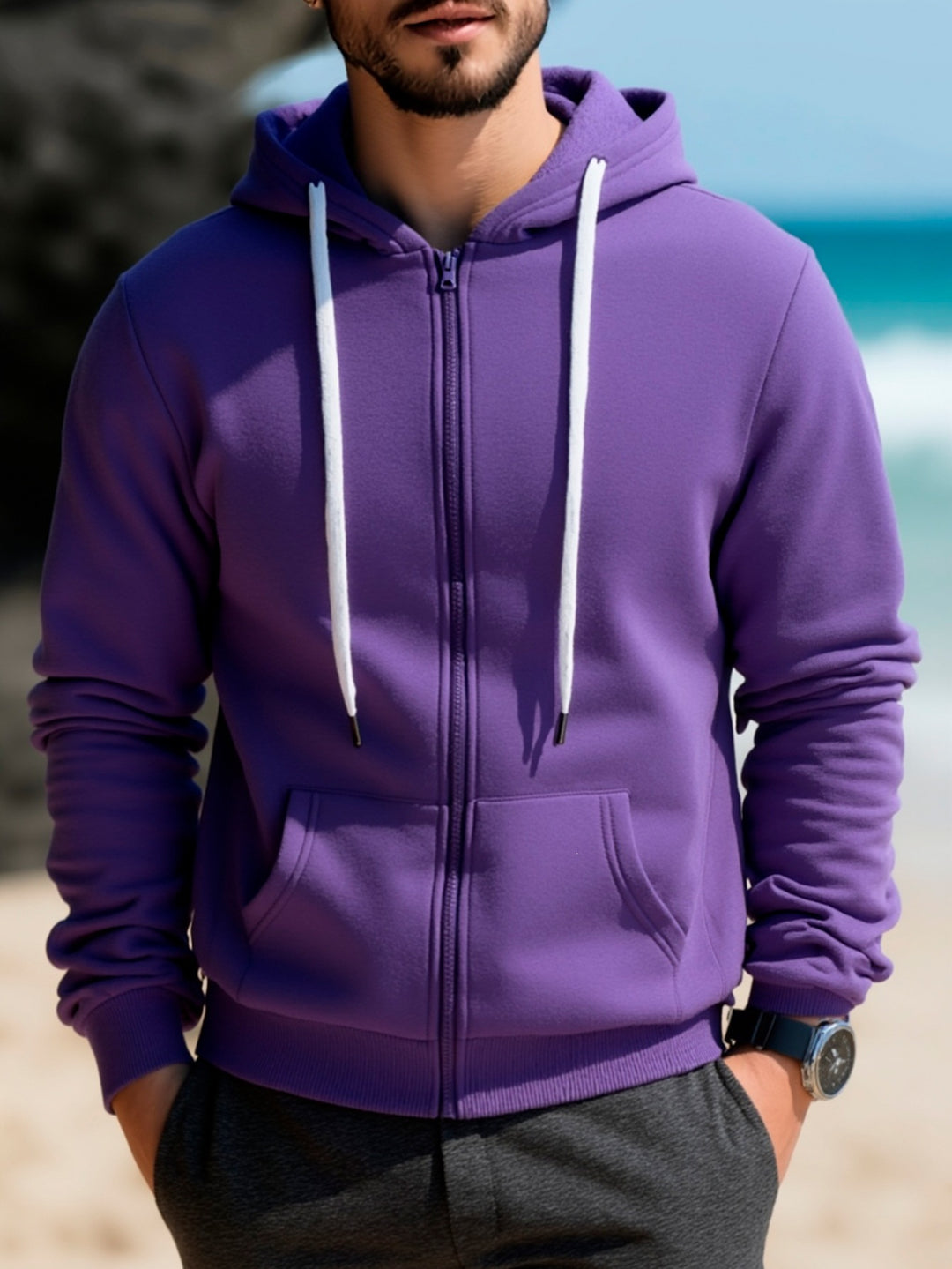 Herren Kapuzen‑Sweatjacke mit durchgehendem Reißverschluss, Kängurutaschen & weichem Futter Drune