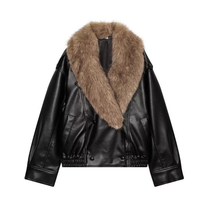 Damen Kurz geschnittene Biker-Lederjacke mit voluminösem Kunstpelz-Schalkragen Drune