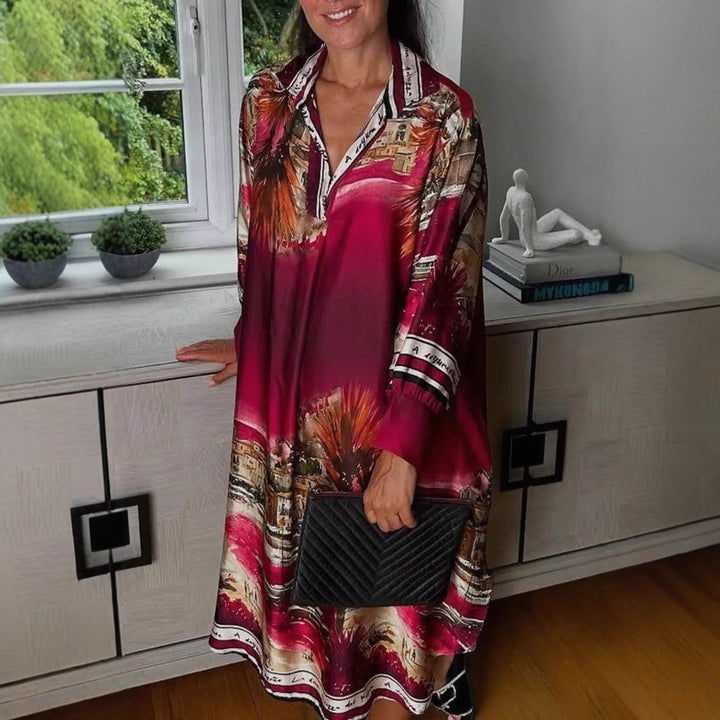 Damen nan Seidenoptik-Hemdkleid im Kaftanstil mit illustrativem Küstenprint Drune