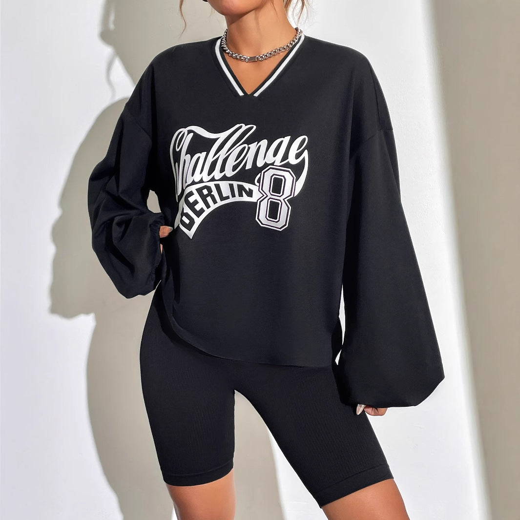 Damen lässiges Oversized Sweatshirt mit V-Ausschnitt und grafischem Print Drune