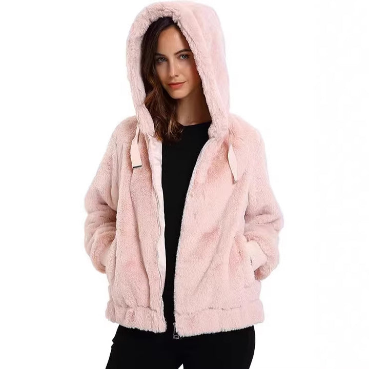Damen Kapuzen‑Teddyjacke aus weichem Faux‑Fur mit Reißverschluss und Rippbündchen Drune