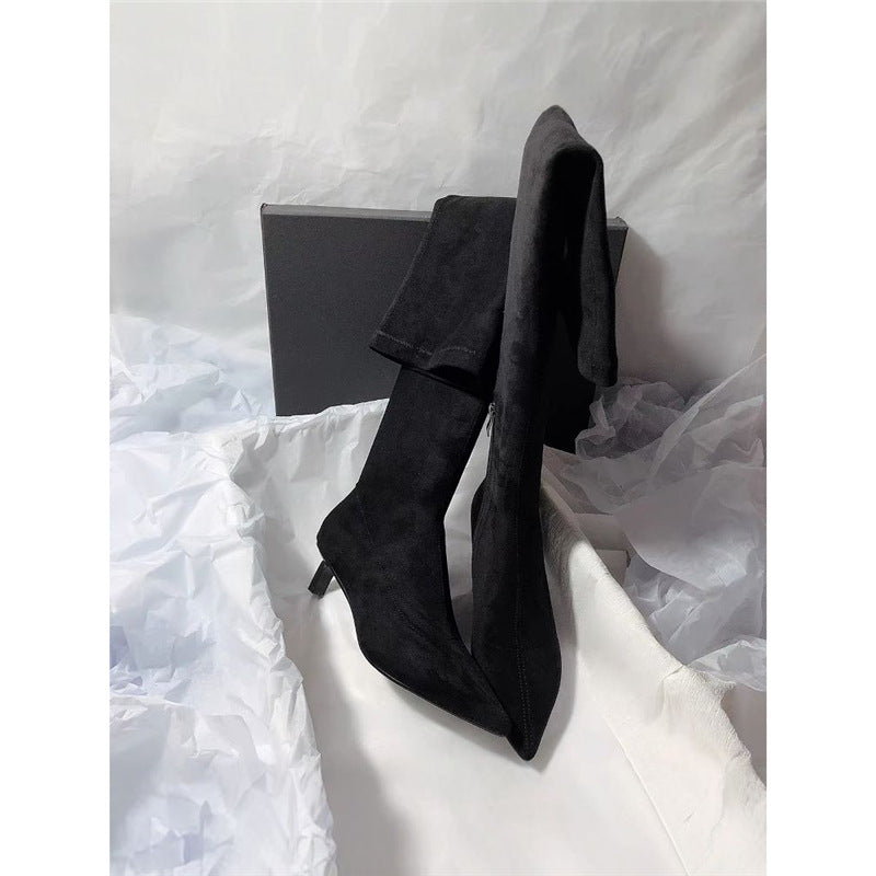 Damen Kniestiefel mit Umschlagschaft, spitzer Zehenform und Kitten‑Absatz Drune