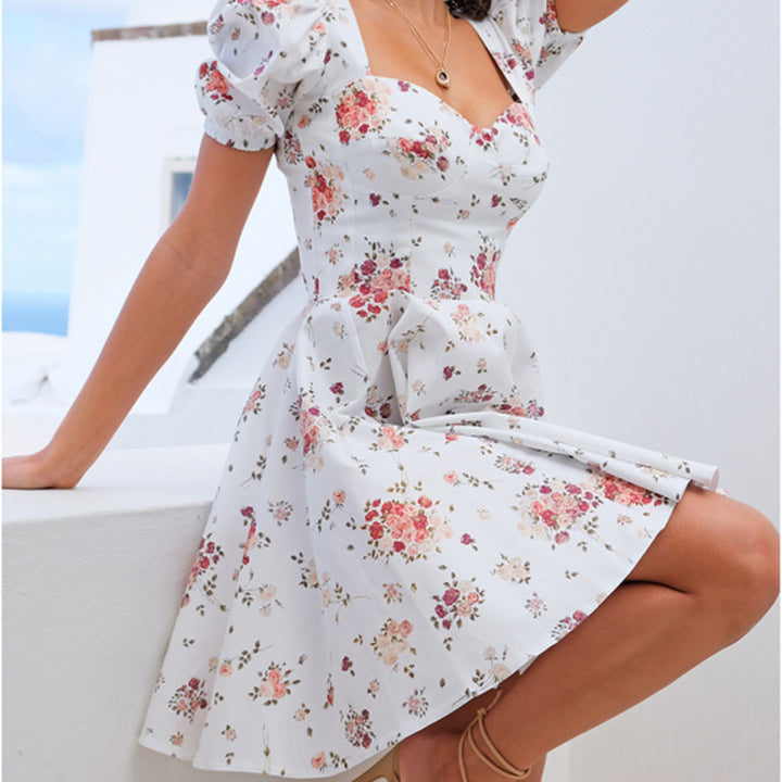 Damen Kleid mit Puffärmeln und floralem Design Drune