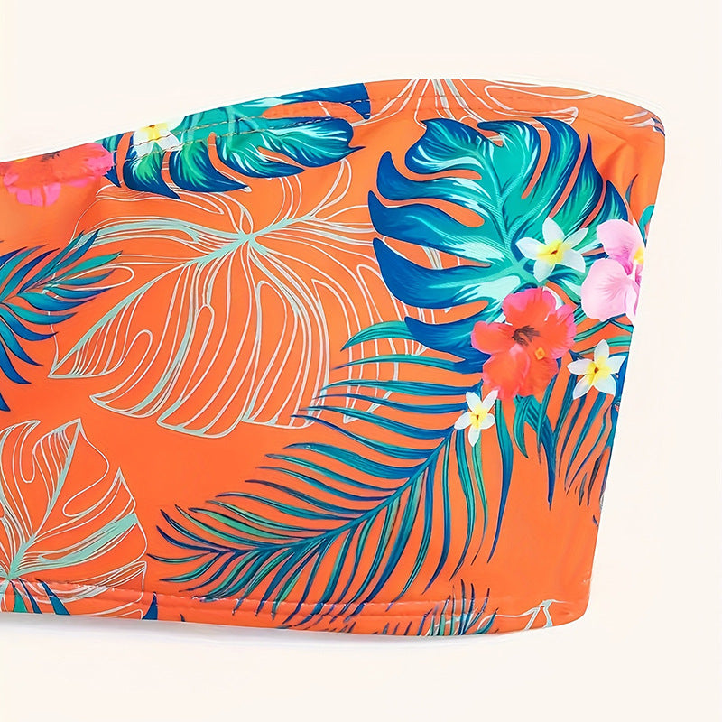 Damen Bandeau-Bikini mit tropischem Muster und elastischem Unterteil Drune