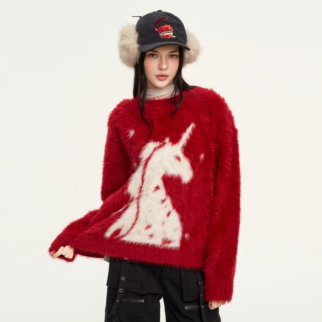 Damen Gemütlicher Grobstrickpullover mit Einhornmotiv Drune