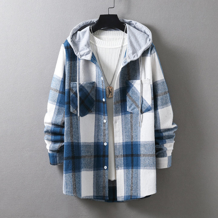 Herren lässige Flanell-Hemdjacke mit Kapuze und grafischem Karomuster Drune
