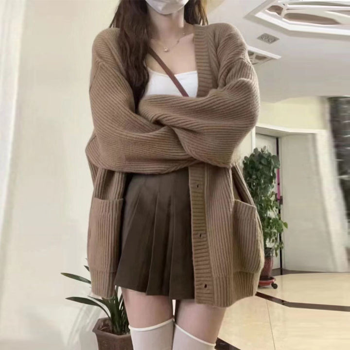 Damen Grobstrick Cardigan mit Taschen und tiefem V-Ausschnitt Drune