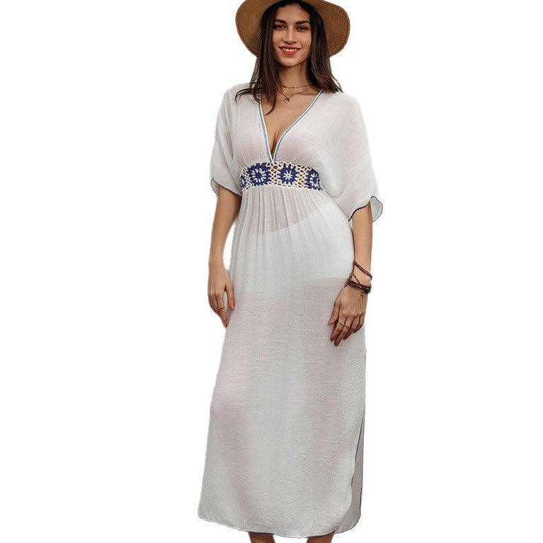 Damen elegantes Maxikleid mit floralen Häkelakzenten Drune