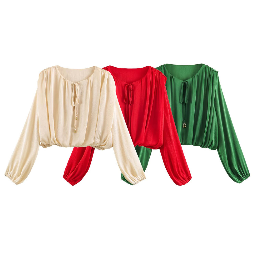 Damen nan luftige Boho Carmen-Bluse mit Kordelzug, weiten Ballonärmeln und elastischem Saum Drune