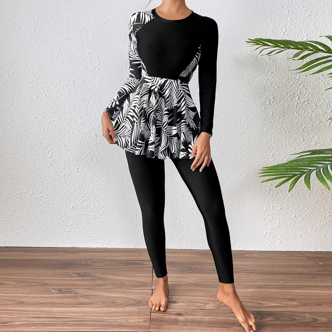 Damen Sportlicher Langarm Badeanzug mit Rüschendetails Drune