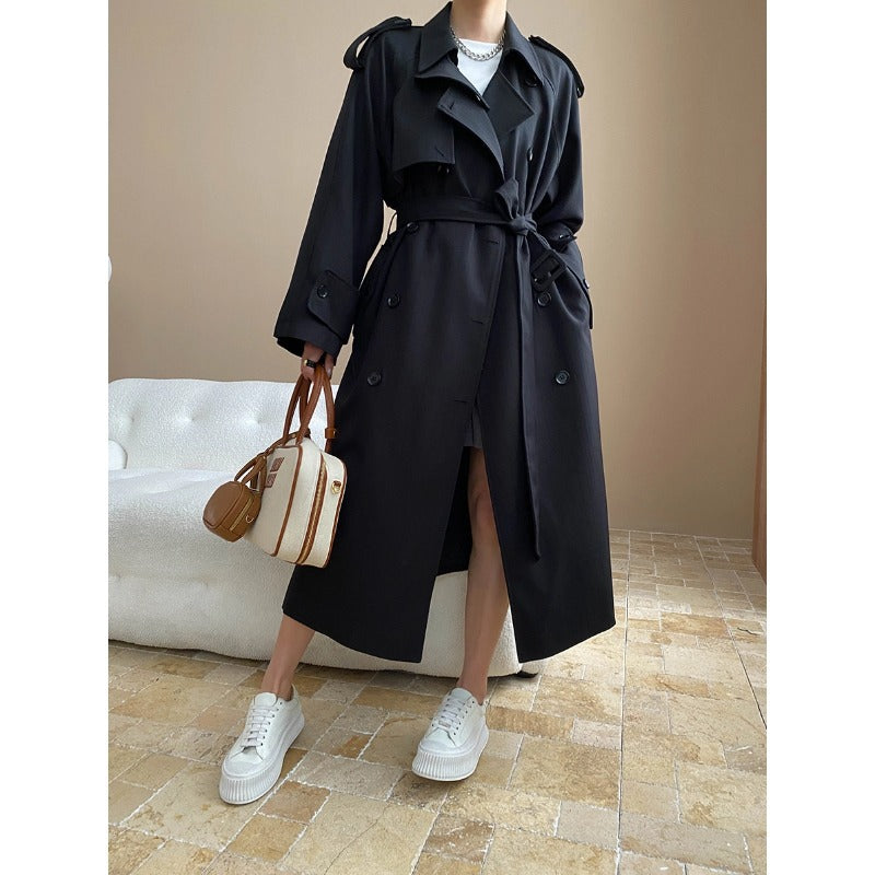 Damen eleganter Trenchcoat mit modernen Streifendetails und Gürtel Drune