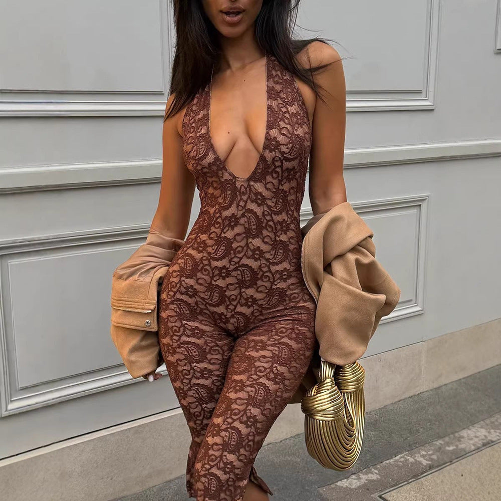 Damen Eleganter Spitzen-Jumpsuit mit tiefem V-Ausschnitt und seitlichen Schlitzen Drune