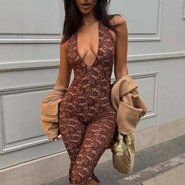 Damen Eleganter Spitzen-Jumpsuit mit tiefem V-Ausschnitt und seitlichen Schlitzen Drune