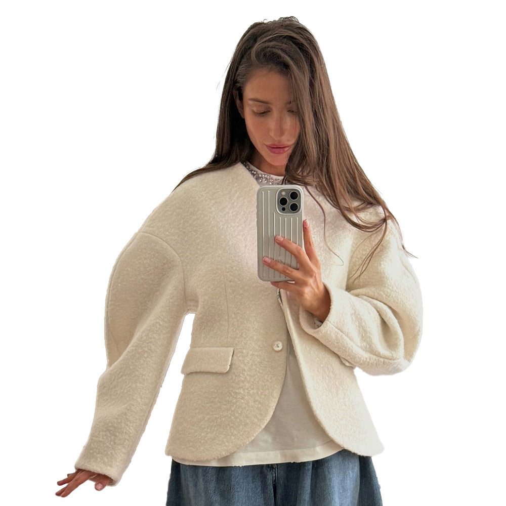 Damen Trendige Boucle-Jacke mit überschnittenen Schultern und Knopfverschluss Drune
