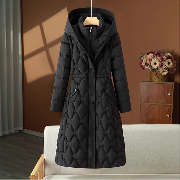Damen nan langer gesteppter Wintermantel mit Kapuze und taillierter Silhouette Drune