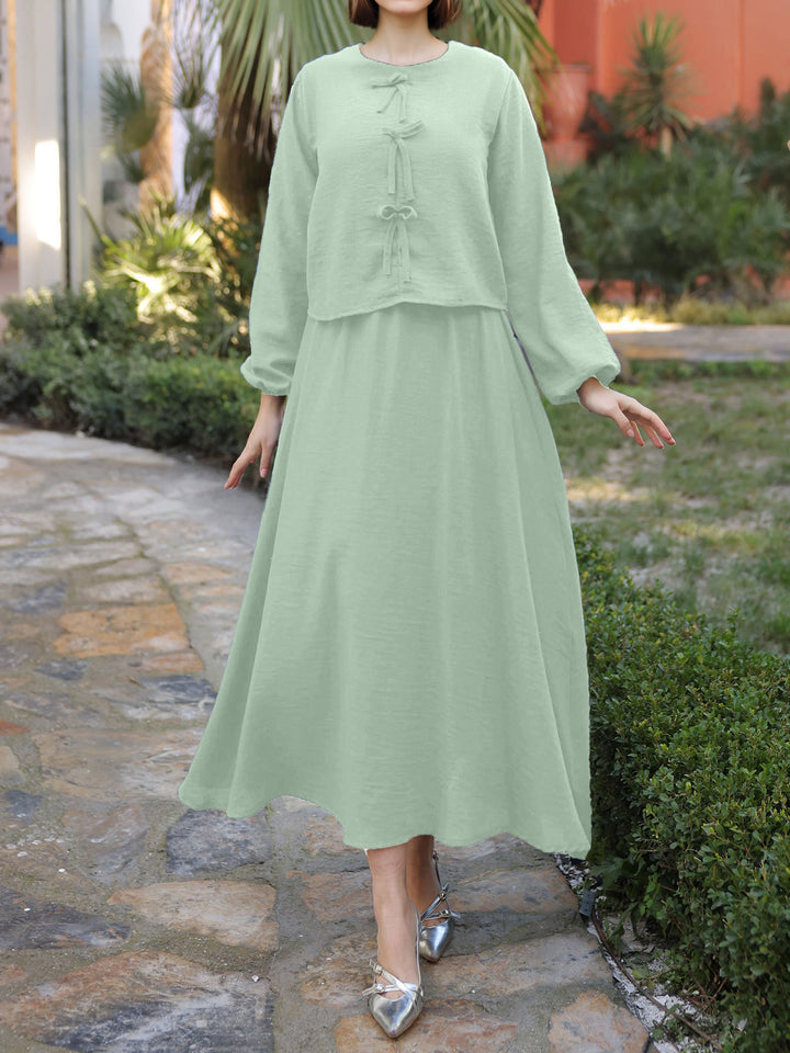 Damen Langes Zweiteiliges Maxikleid mit Überwurf, Rundhals und Zierknoten Drune