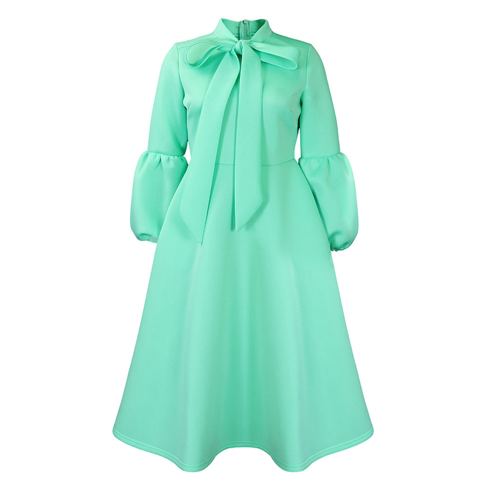 Damen Midi-Dress mit langen Puffärmeln und eleganter Schleife Drune
