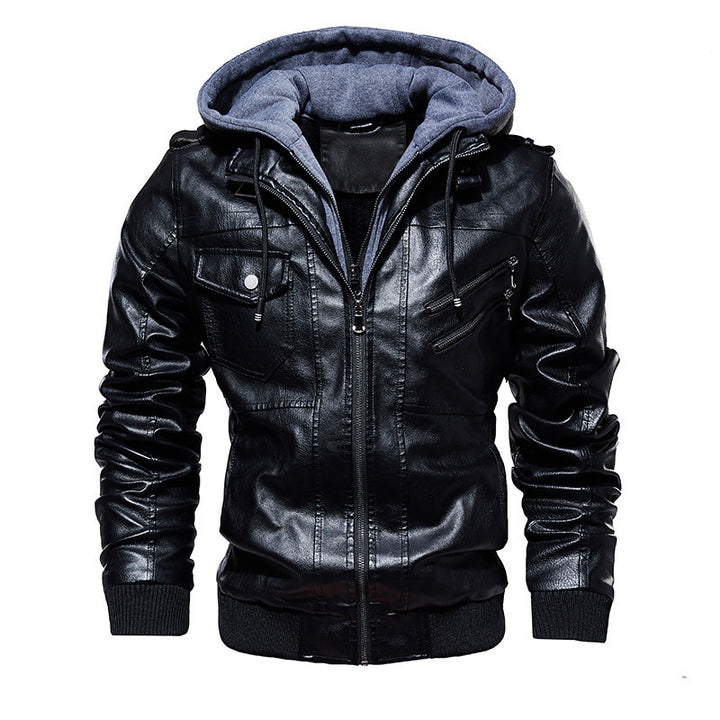 Herren Stylische Kunstlederjacke mit Kapuze Drune