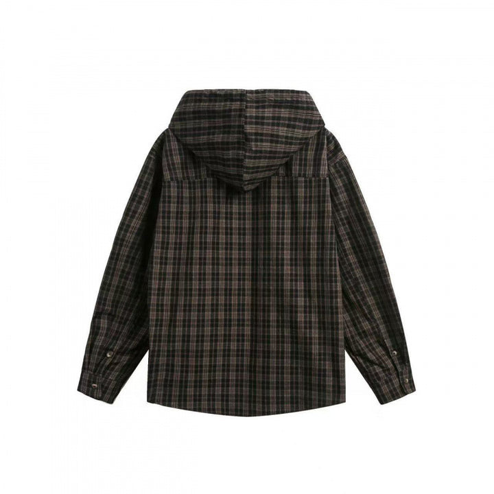 Unisex Weite karierte Kapuzen-Hemdjacke aus Baumwollflanell mit aufgesetzter Brusttasche Drune