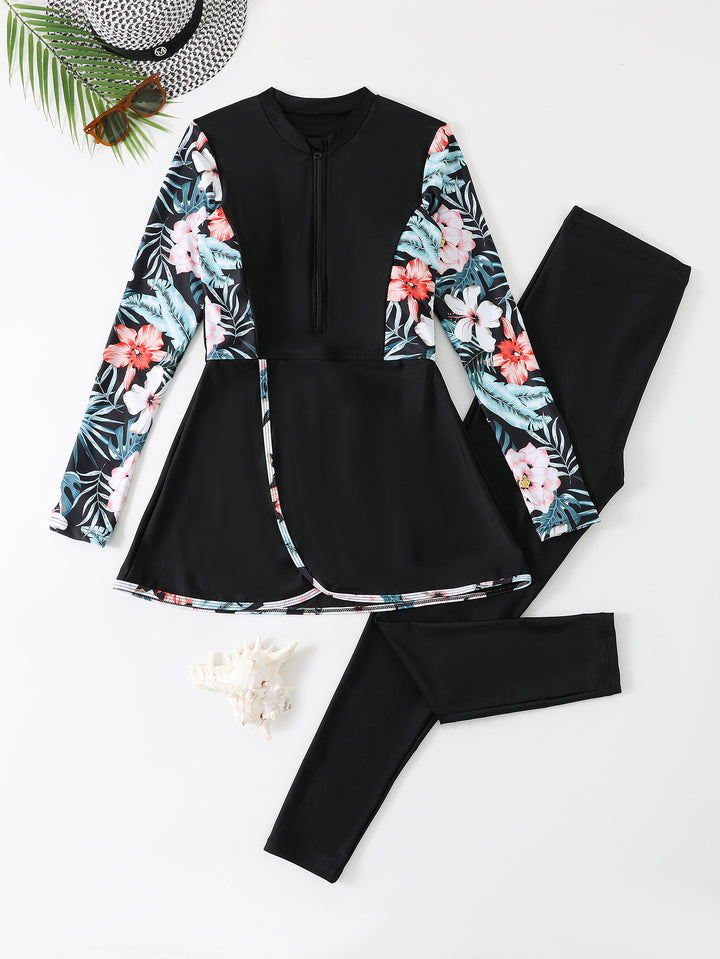 Damen Modisches Schwimmanzug-Set mit floralem Design und langem Arm Drune
