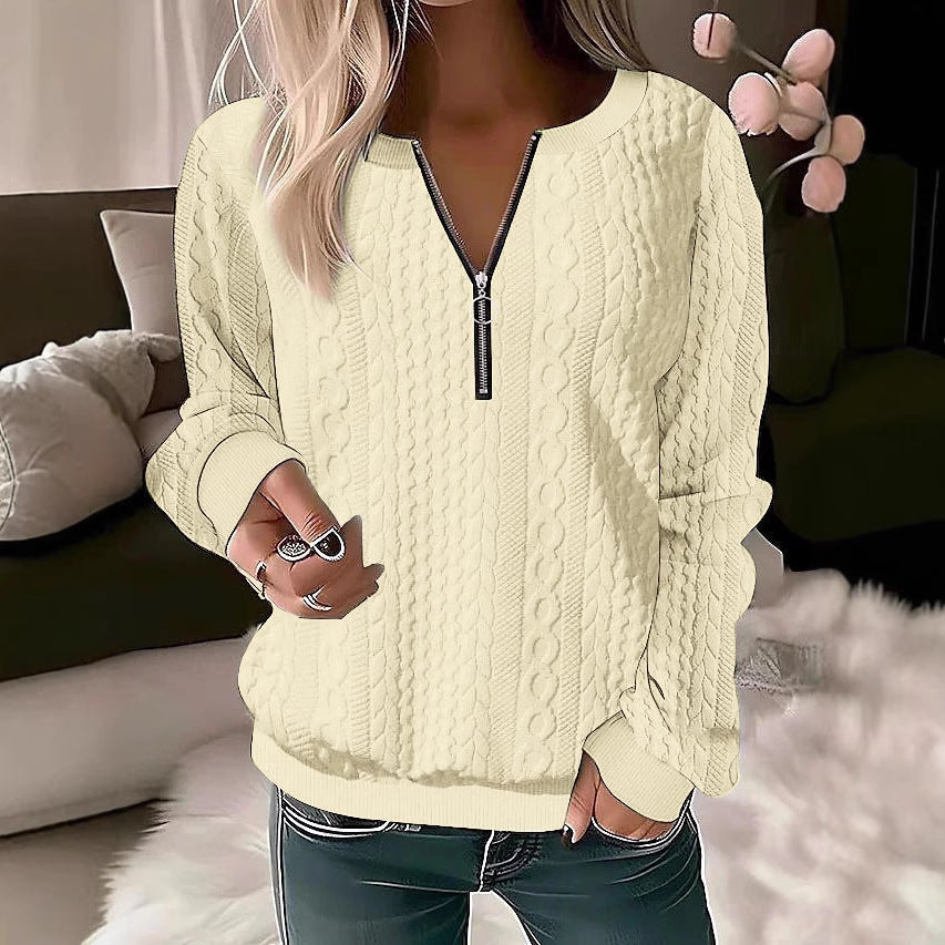 Damen Strickpullover mit Zopfmuster und halbem Reißverschluss Drune