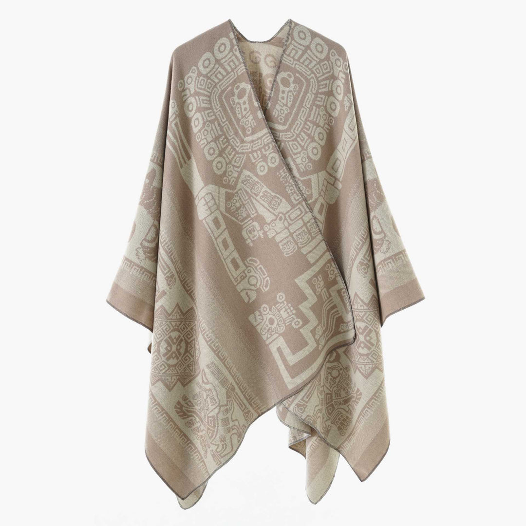 Damen Oversize‑Jacquard‑Wrapcape mit geometrischem Aztekenmuster Drune