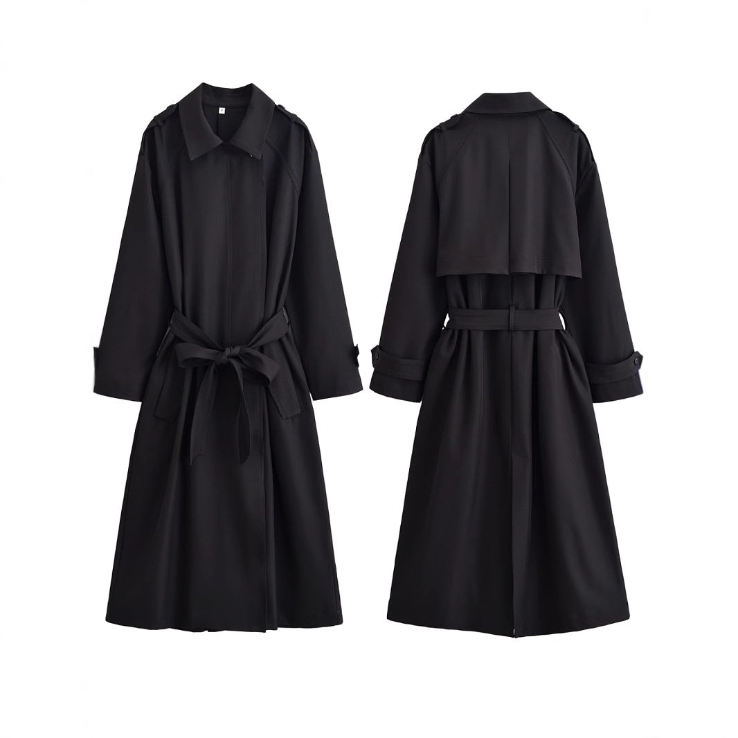 Damen Langer taillierbarer Trenchcoat mit Bindegürtel und Epauletten Drune