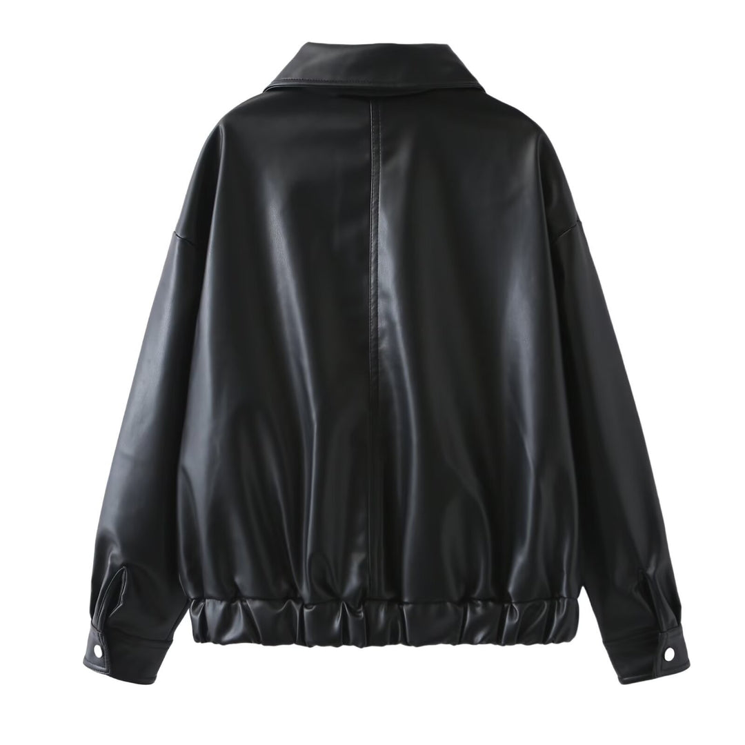 Damen nan Boxy Kunstleder Blousonjacke mit durchgehendem Reißverschluss, Pattentaschen und breitem Hemdkragen Drune