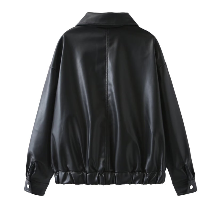 Damen nan Boxy Kunstleder Blousonjacke mit durchgehendem Reißverschluss, Pattentaschen und breitem Hemdkragen Drune