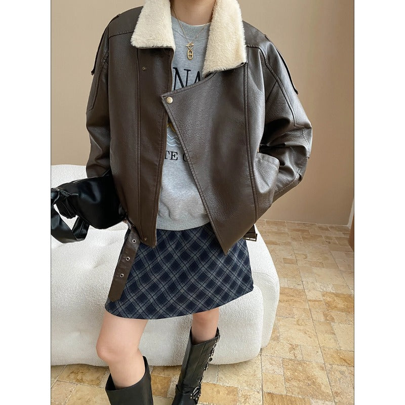 Damen lässige Kunstlederjacke mit großzügigem Kragen und weichem Futter Drune