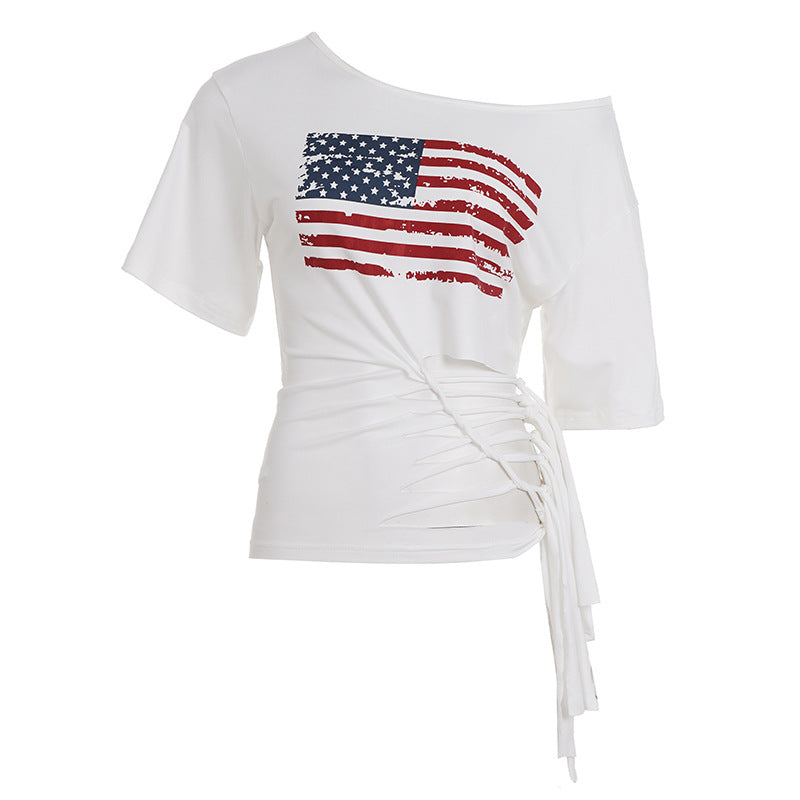 Damen lässiges Crop-Top mit amerikanischem Flaggenmotiv und modischem Fransen-Design Drune