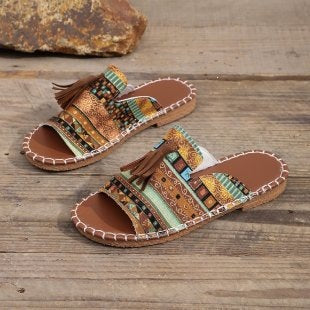 Damen Boho-Ethno-Quasten-Pantoletten mit geflochtener Sohle und gepolstertem Fußbett Drune