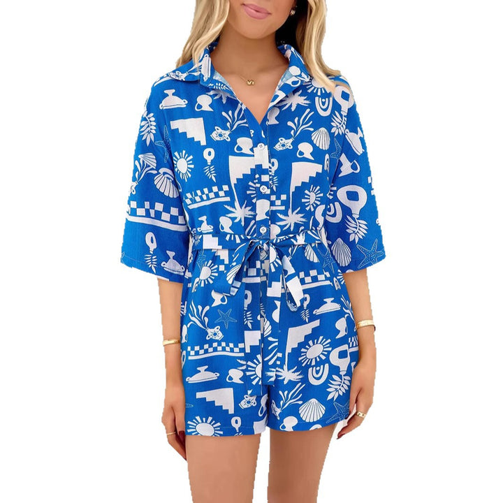 Damen Leichte Kurzarm-Bluse mit Bindegürtel Drune