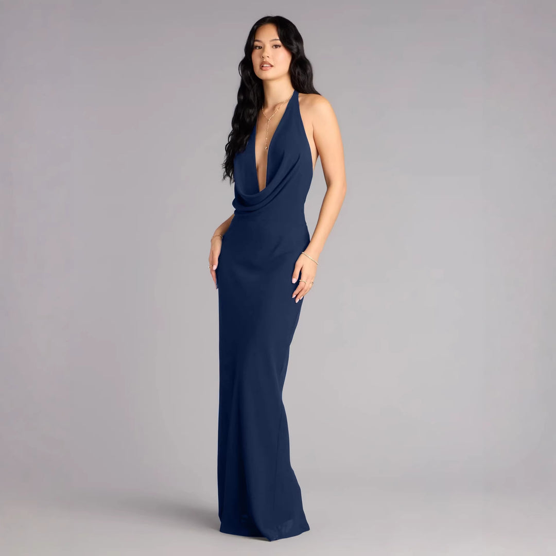 Damen elegantes Maxikleid mit einzigartigem Halterhalsschnitt Drune