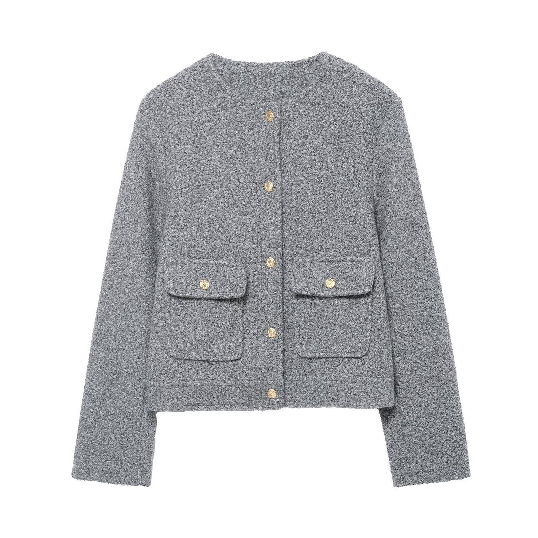 Damen Bouclé-Boxy-Jacke mit goldenen Knöpfen und aufgesetzten Taschen Drune