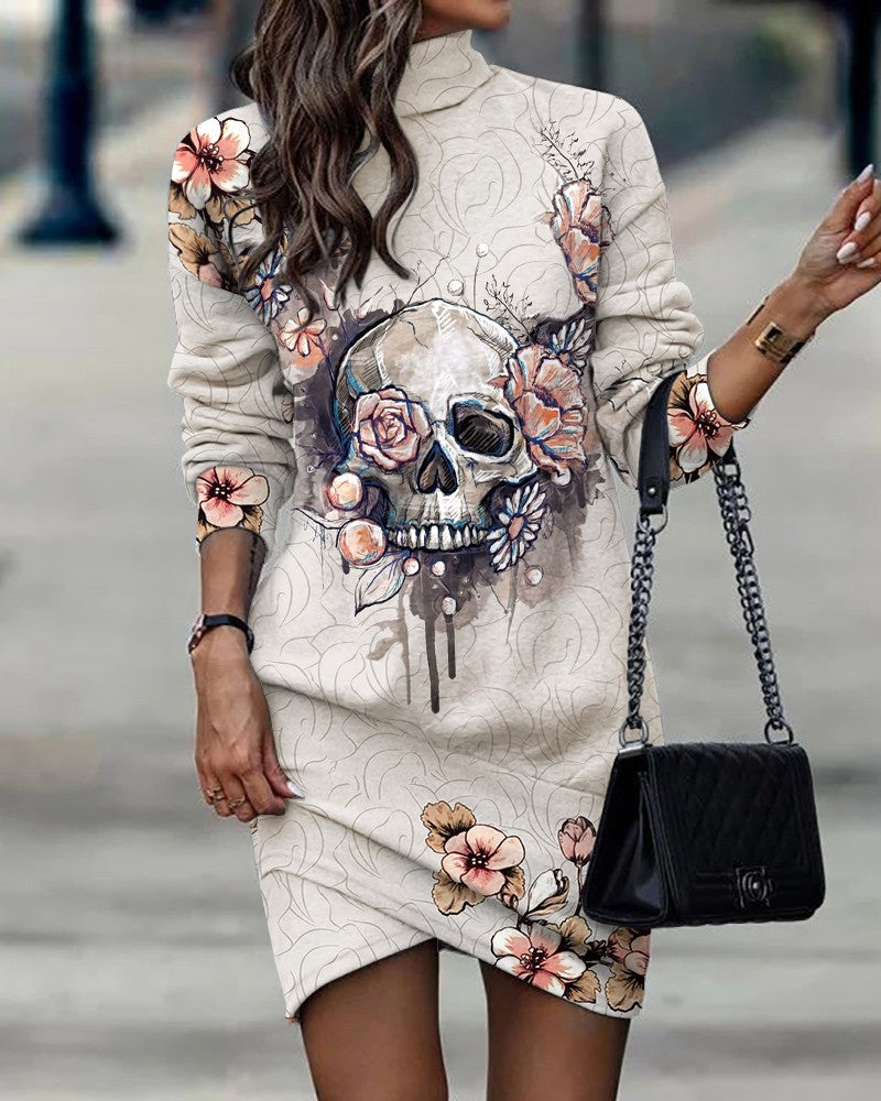 Damen Modisches Sweatkleid mit Totenkopf- und Blumenmuster Drune