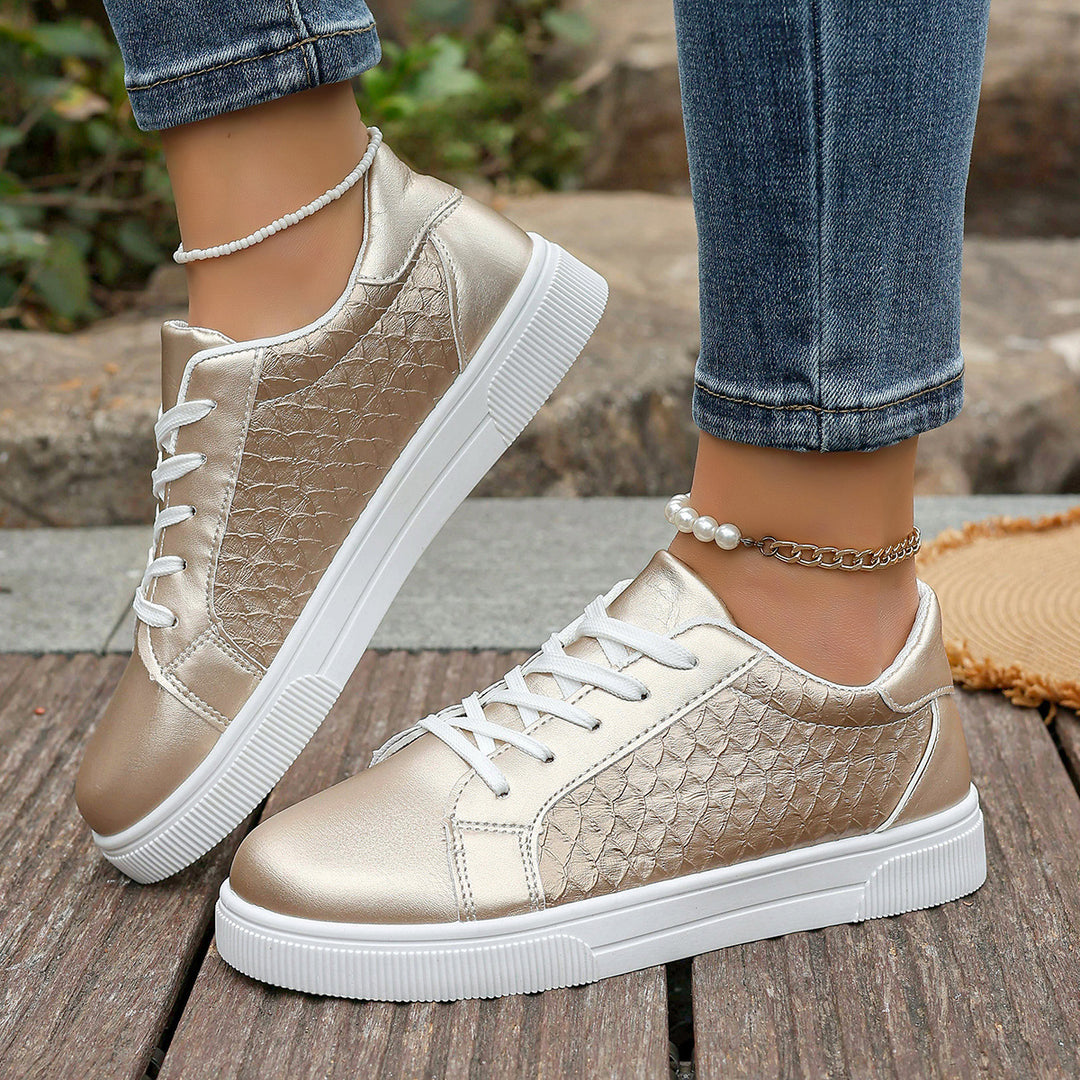 Damen Glänzende Sneaker mit Krokoprägung, gepolstertem Fußbett und rutschfester Profilsohle Drune