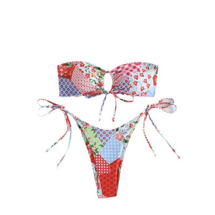 Damen Buntes Bandeau-Bikini mit verspielten Raffung Drune