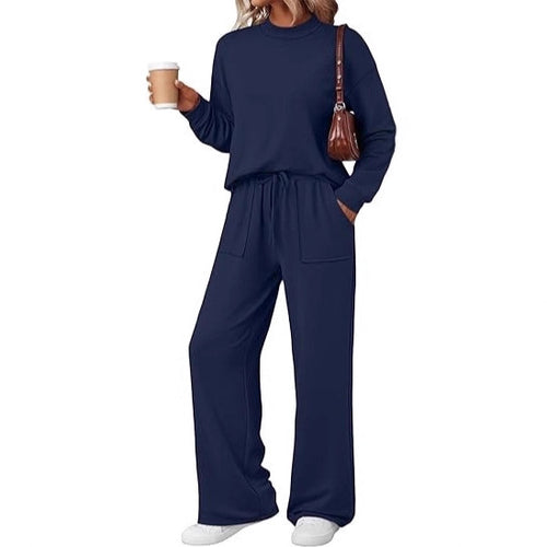 Damen Loungewear-Zweiteiler aus weichem Jersey mit Rundhalsausschnitt und weitem Kordelzug-Hose Drune