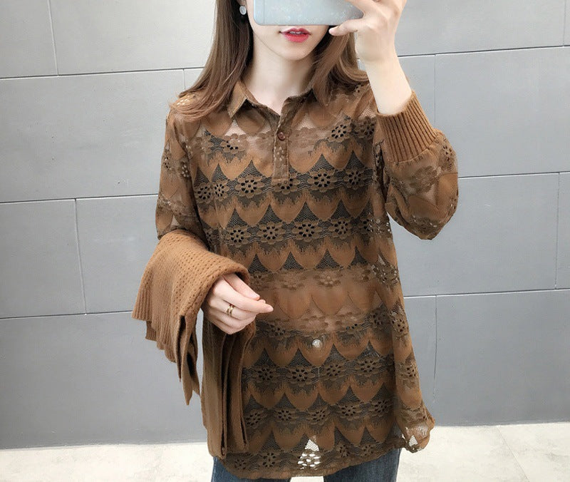 Damen Verspielter Strickpullover mit Spitzenapplikation Drune