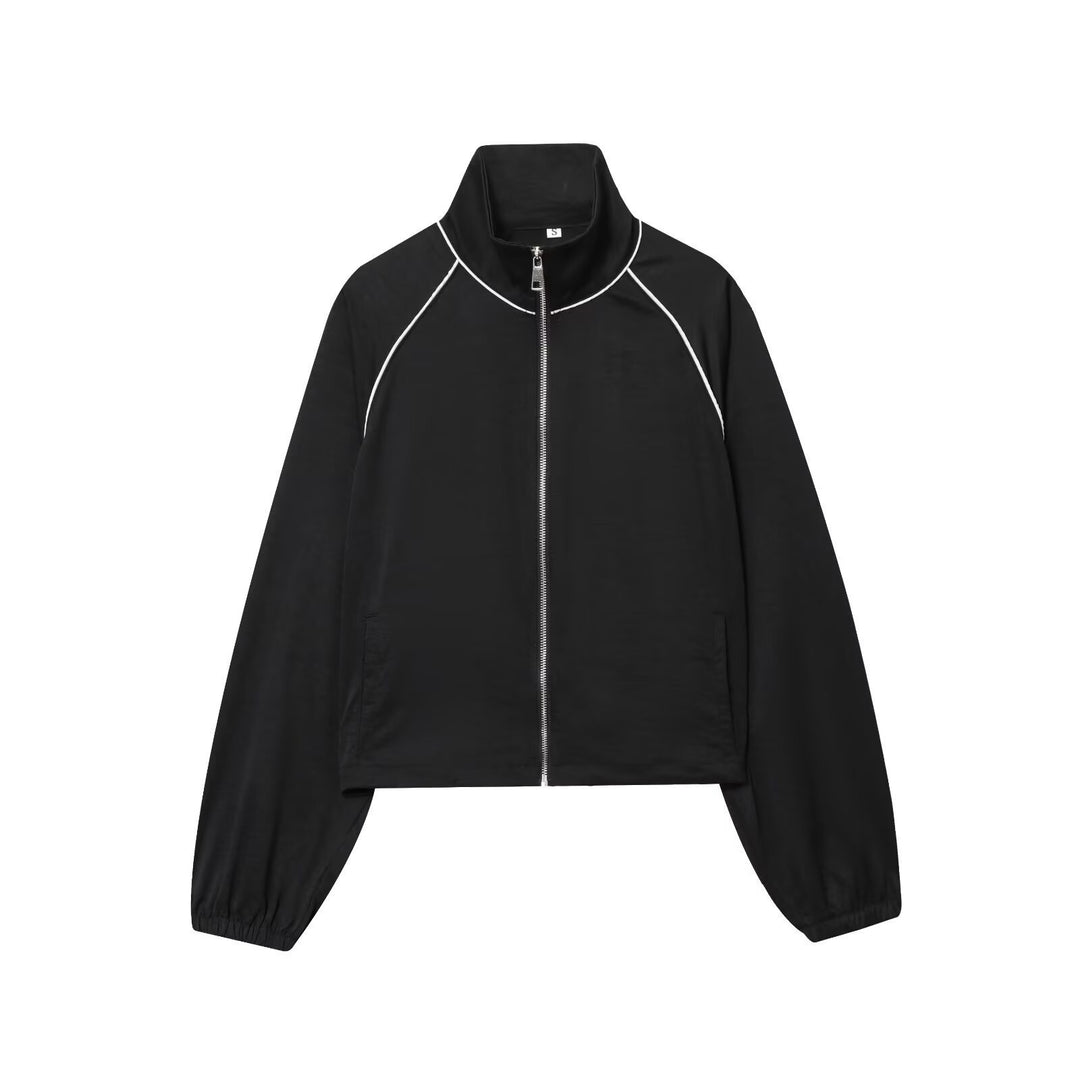 Damen Cropped Sportive Trainingsjacke mit Stehkragen und Kontrastpaspel Drune