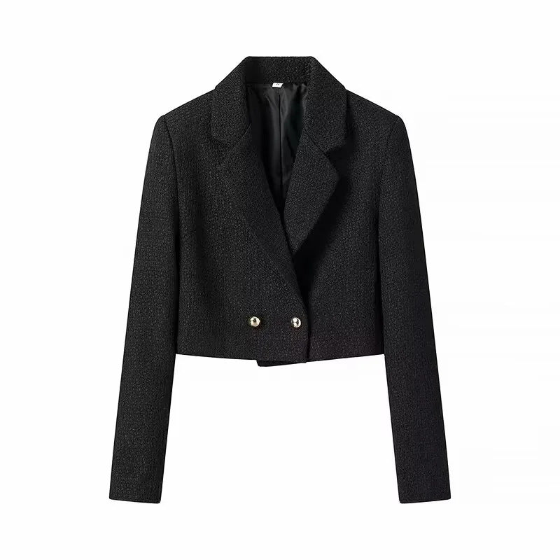 Damen nan kurze Bouclé-Cropped-Jacke mit Reverskragen und dekorativen Metallknöpfen Drune